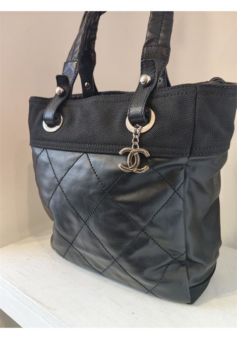 Chanel black quilted Canvas Paris Biarritz Tote silver hardware Chanel Pre-Owned | NERA PELLE E TESSUTOHARDWARE SILVER