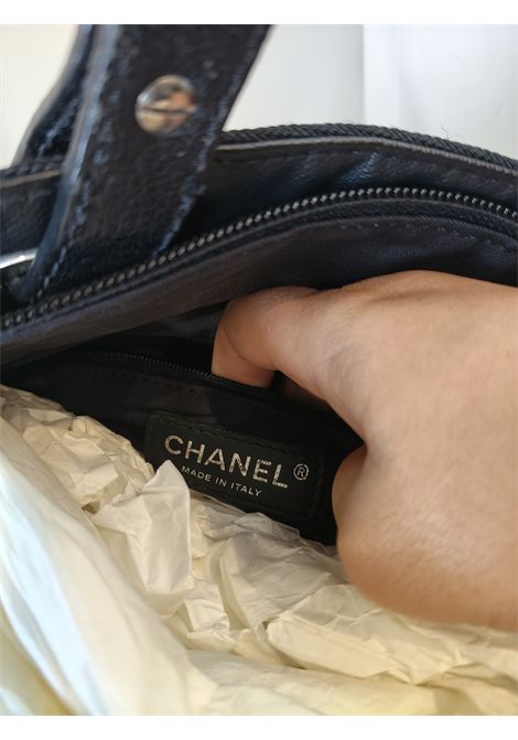 Chanel black quilted Canvas Paris Biarritz Tote silver hardware Chanel Pre-Owned | NERA PELLE E TESSUTOHARDWARE SILVER