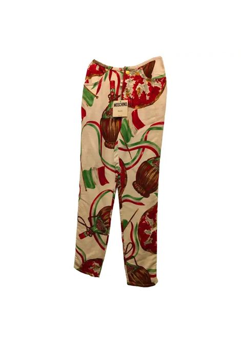 1980s Moschino White italian flag Wicked wine bottle pants NWOT Moschino Pre-Owned | FIASCHI VINOBIANCO