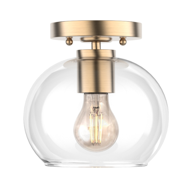 Luna 1-Light Modern Semi Flush Mount Ceiling Lighting with Clear Glass Shade and Antique Brass