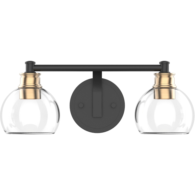Jinky 2-Light Black Vanity Light With Clear Globe Shades and Gold Accents W16 x D6” x H6”