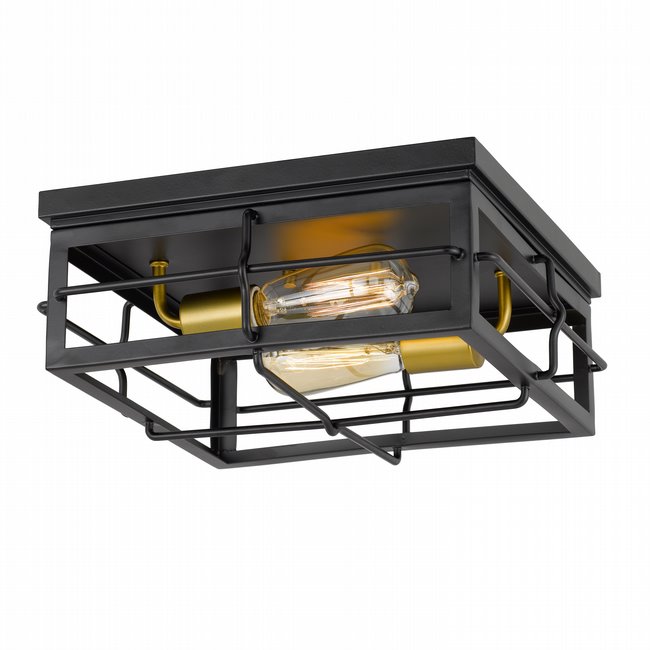 Hanford 2-Light Black Frame with Painted Brass Socket Flush Mount 13.88“ x13.88”x 5.88“