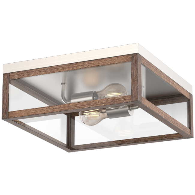 Weston 2-Light Faux Wood Brushed Nickel Ceiling Flush Mount 13x13x5.25H