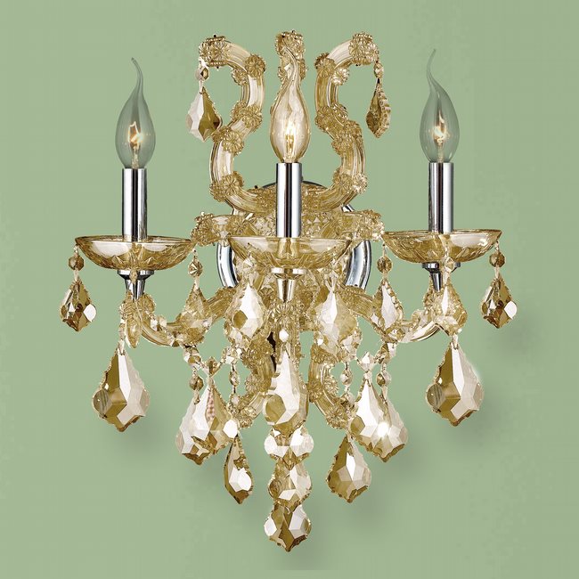 W23116C15-GT Lyre 3 Light Chrome Finish and Golden Teak Crystal Candle Wall Sconce Light
