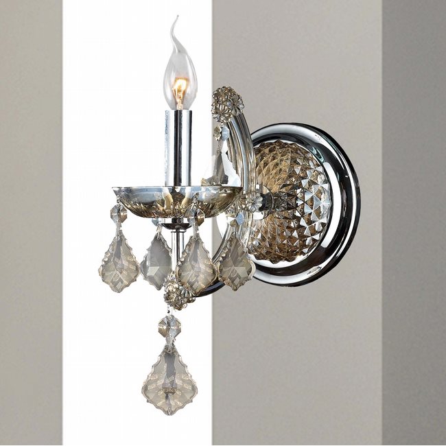 W23116C6-GT Lyre 1 Light Chrome Finish and Golden Teak Crystal Candle Wall Sconce Light