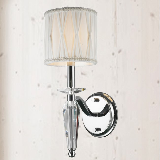 W23132C6 Gatsby 1 Light Arm Chrome Finish and Clear Crystal Wall Sconce Light with White Fabric Shade