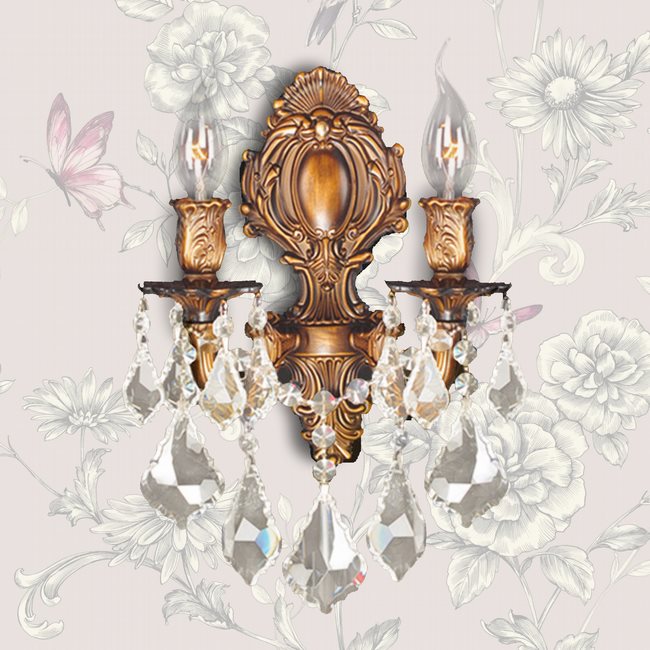 W23313FG12-GT Versailles 2 light French Gold Finish with Golden Teak Crystal Wall Sconce