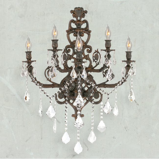 W23318F19 Versailles 5 Light Flemish Brass Finish and Clear Crystal Wall Sconce Light