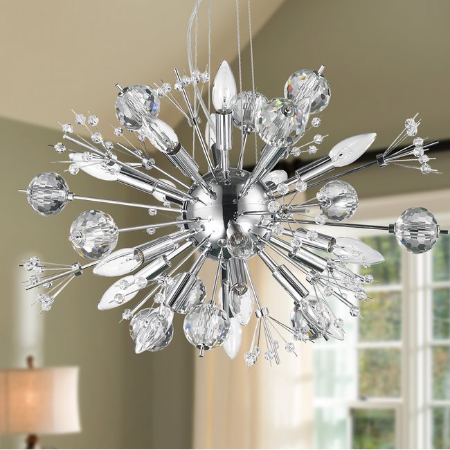 W83111C24 Starburst 20 Light Chrome Finish and Clear Crystal Chandelier