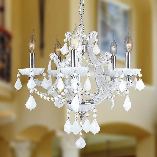 W83116C19-WH Lyre 5 Light Chrome Finish and White Crystal Chandelier
