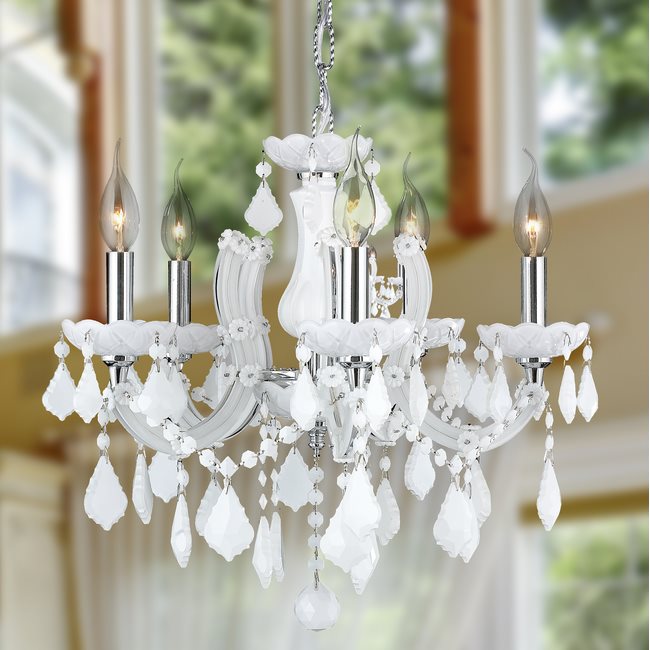 W83120C18-WH Catherine 5 Light Chrome Finish and White Crystal Chandelier - Discontinued