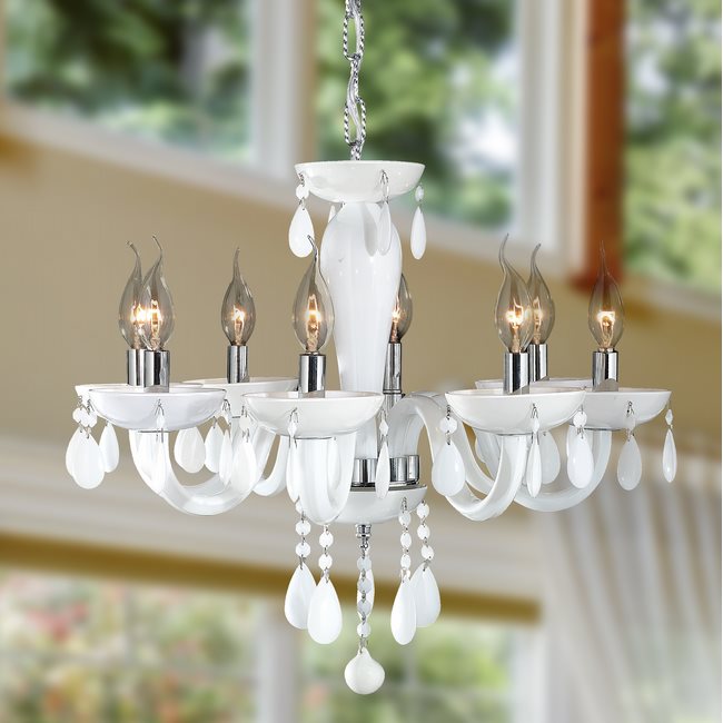 W83129C22-WH Gatsby 8 Light Chrome Finish and White Blown Glass Chandelier