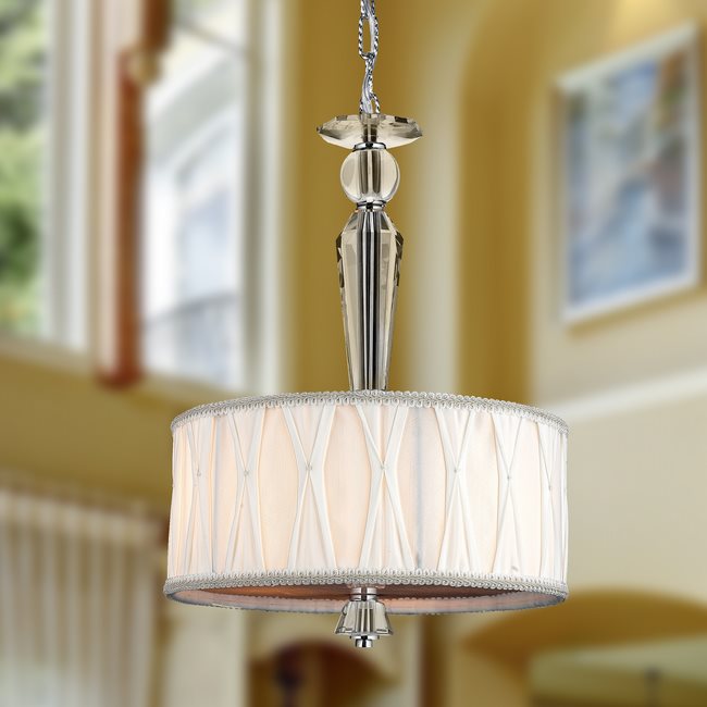W83132C12 Gatsby 3 Light Chrome Finish and Clear Crystal Pendant Light with White Fabric Shade