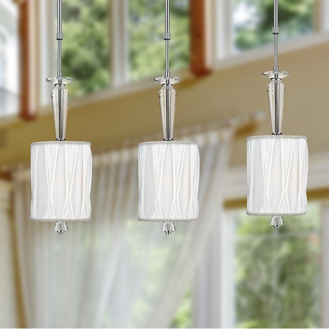 W83132C6 Gatsby 1 Light Chrome Finish and Clear Crystal Mini Pendant Light with White Fabric Shade
