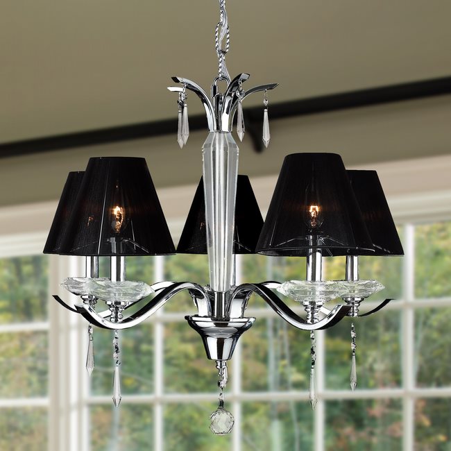 W83133C25 Gatsby 5 Light Arm Chrome Finish and Clear Crystal Chandelier with Black String Shade