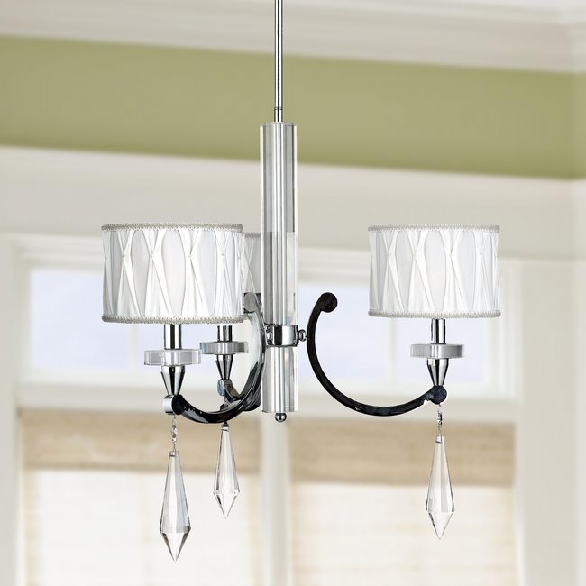 W83134C25 Cutlass 3 Light Arm Chrome Finish and Clear Crystal Chandelier with White Fabric Shade
