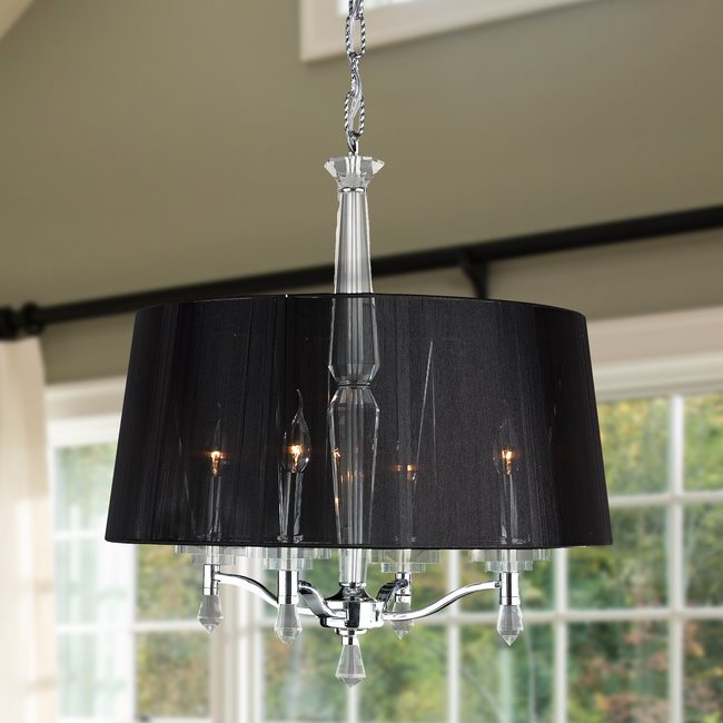 W83135C18 Gatsby 4 Light Chrome Finish and Clear Crystal Chandelier with Black String Shade