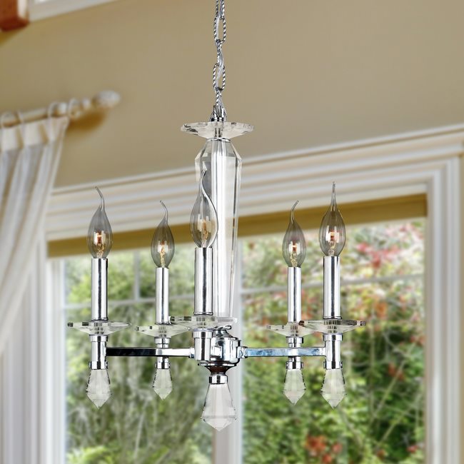 W83136C16 Gatsby 5 Light Chrome Finish and Clear Crystal Candle Mini Chandelier