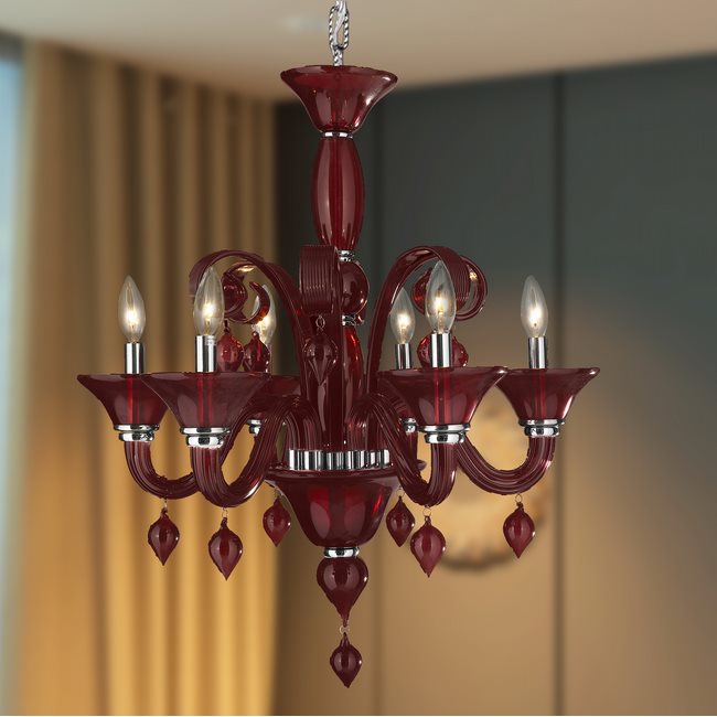 W83174C23-CY Murano Venetian Style 6 Light Blown Glass in Cranberry Red Finish Chandelier