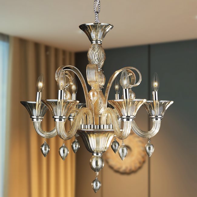 W83175C23-AM Murano Venetian Style 6 Light Blown Glass in Amber Finish Chandelier