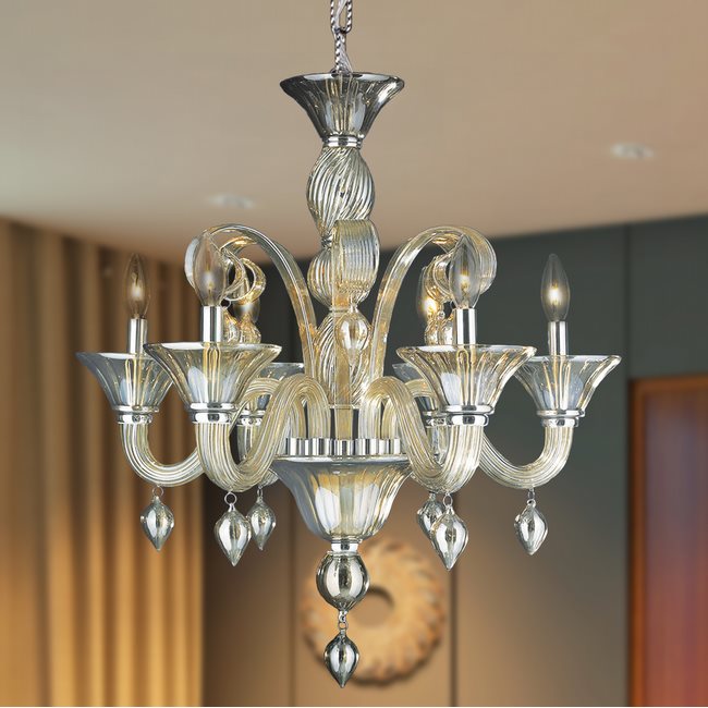 W83175C23-GT Murano Venetian Style 6 light Blown Glass in Golden Teak Finish Chandelier