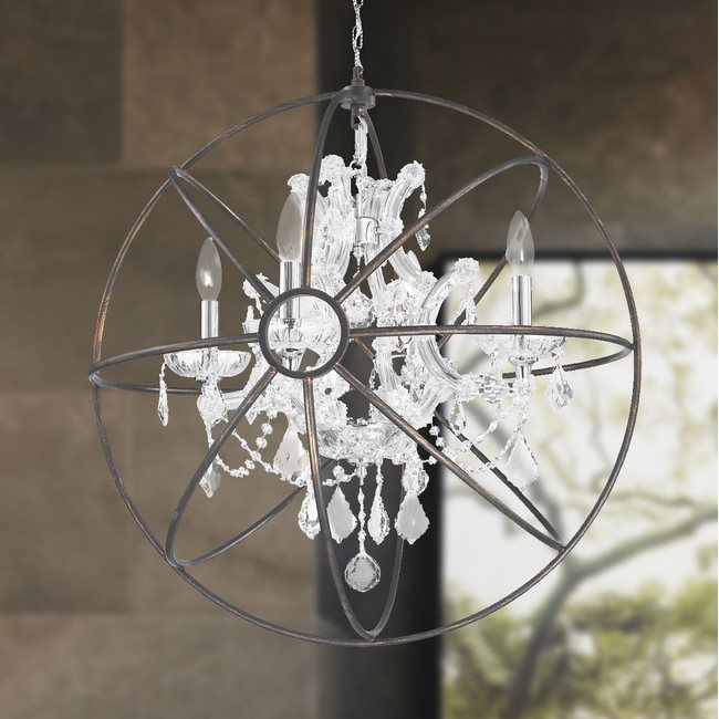 w83190c24-cl Armillary Chandelier, D24 x H26, 4 Light, Chrome Finish and Clear Crystal with Flemish Brass Cage