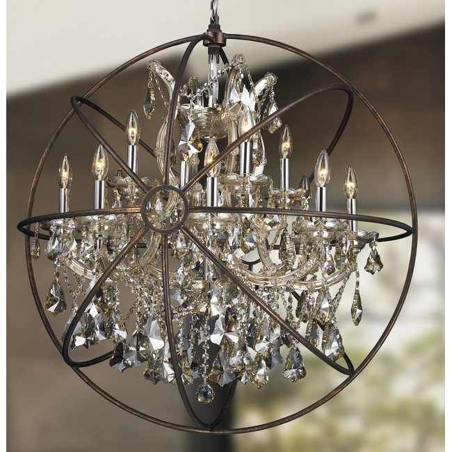 W83191C33-GT Armillary Chandelier, D33 x H35, 13 Light, Chrome Finish and Golden Teak Crystal with Flemish Brass Cage