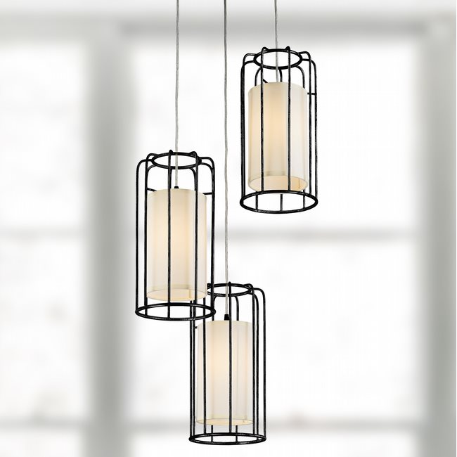 W83291MB20 Sprocket 3-Light Metal Cage Kitchen Island Cluster Pendant Matte Black Finish with Ivory Shade Finish 20 in.  X 16 in. Medium