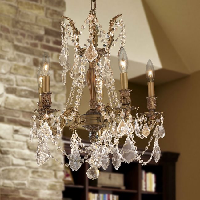 W83304FG18-GT Windsor 5 light French Gold Finish and Golden Teak Crystal Chandelier