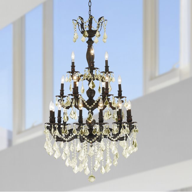W83327F29-GT Versailles 21 light Flemish Brass Finish with Golden Teak Crystal Chandelier