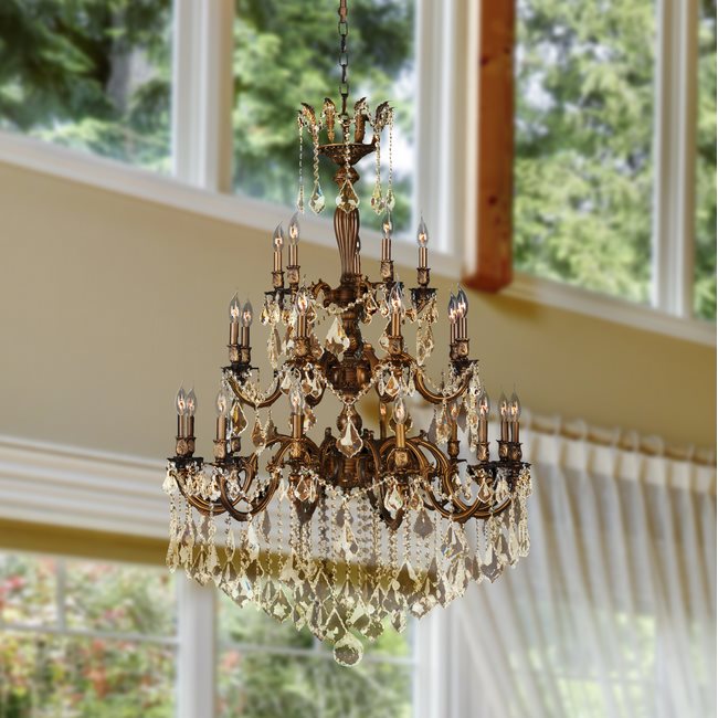 W83352FG36-GT Versailles 25 light French Gold Finish and Golden Teak Crystal Chandelier Three 3 Tier