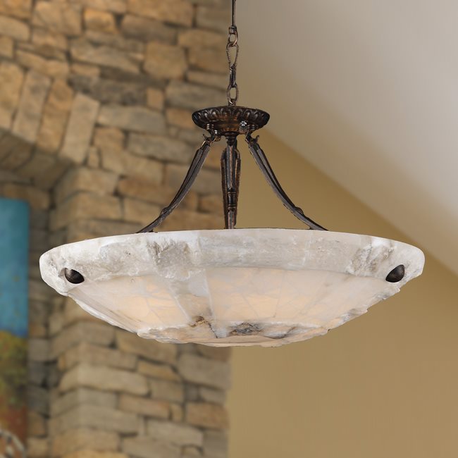 W83805F24 Pompeii 5 Light Flemish Brass Finish Natural Quartz Stone Bowl Pendant Light