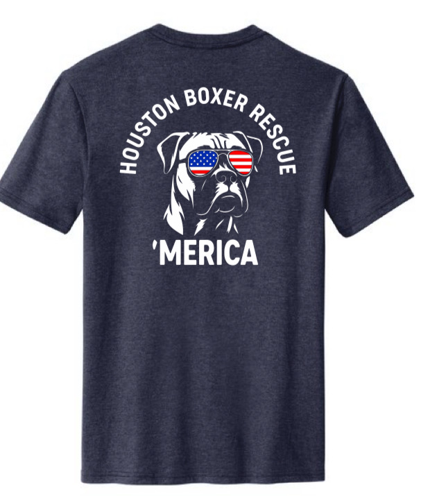 'Merica T-Shirt back - Houston Boxer Rescue boxer with flag sunglasses