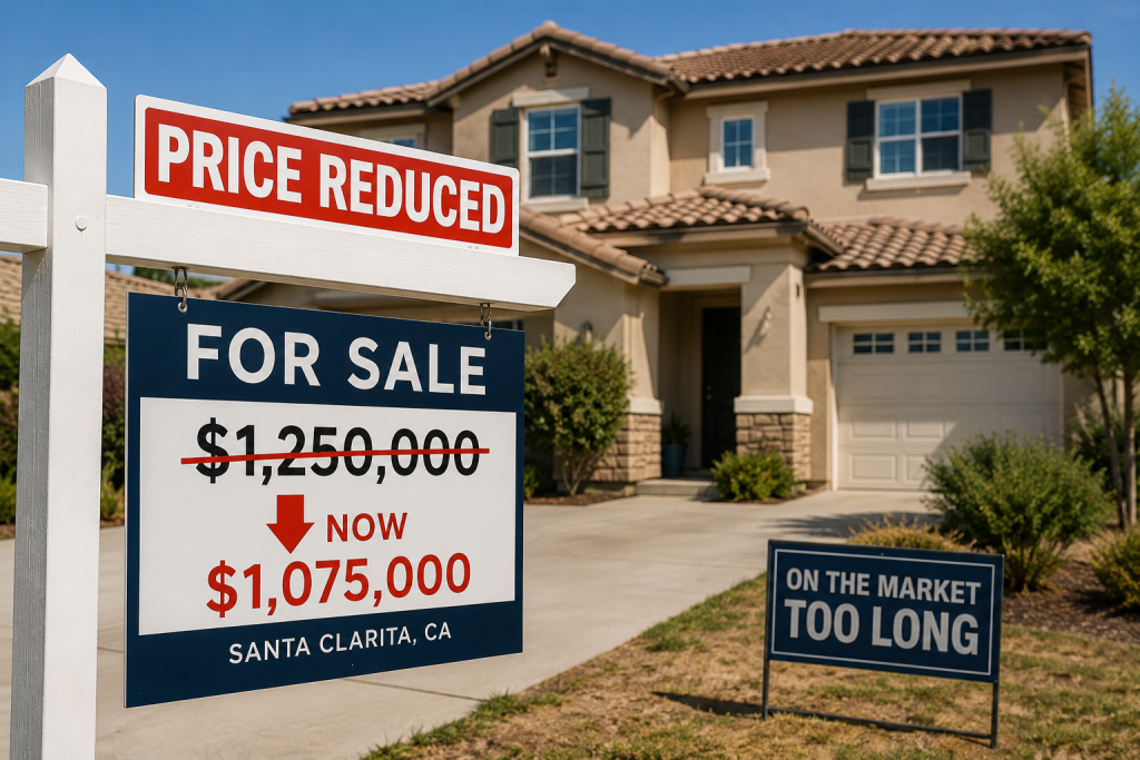 Price reduced sign on overpriced home that stayed too long in the Santa Clarita market