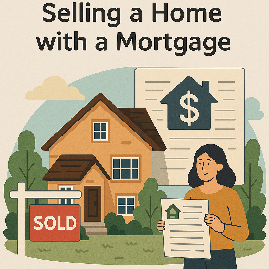 Illustration of a person standing next to a “SOLD” sign in front of a home, with a mortgage document and dollar signs in the background.