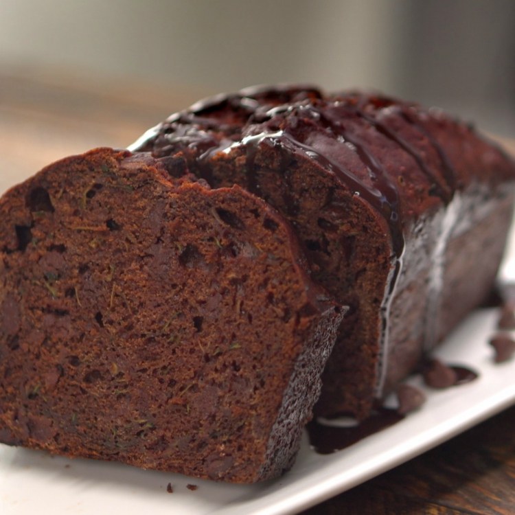 Sliced loaf of double chocolate zucchini bread