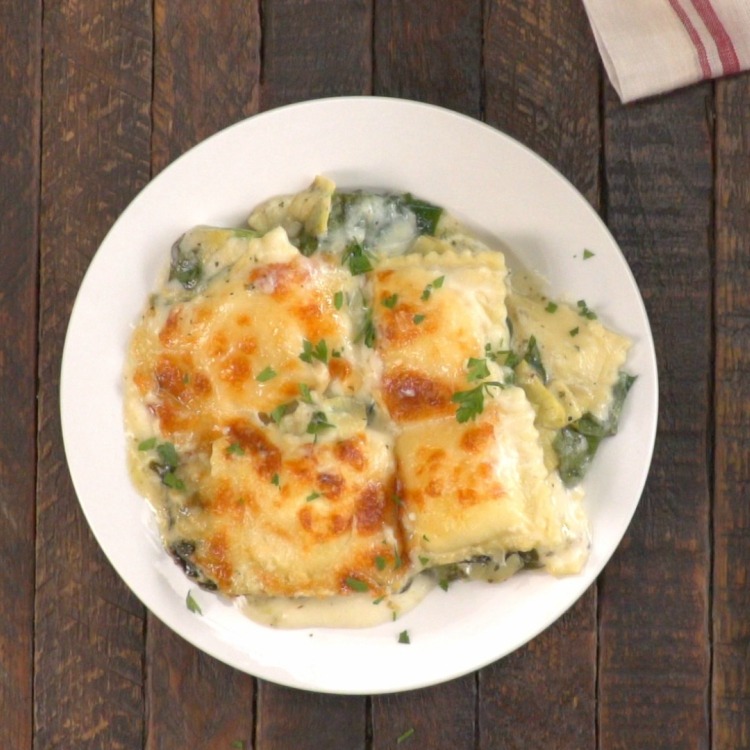 Creamy Spinach Artichoke Ravioli Bake