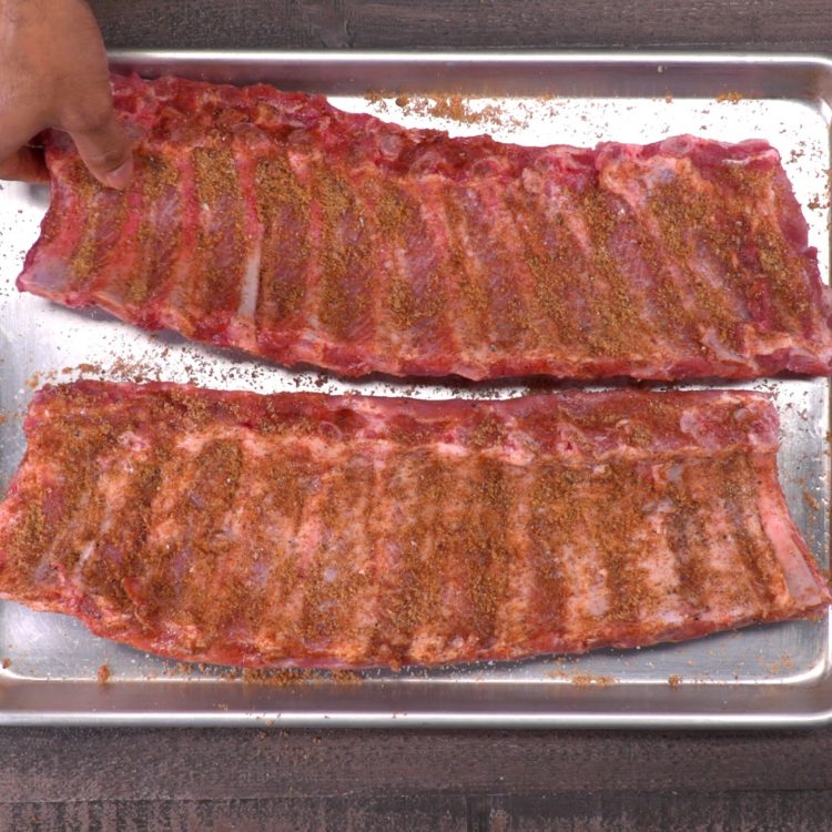 Baked BBQ Ribs spice rub on tray