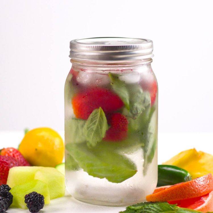 Fruit Infused Detox Water strawberry basil frosty glass fruit mason jar