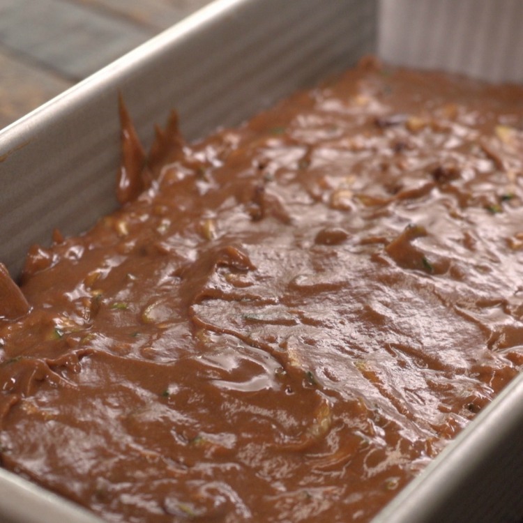 Batter for double chocolate zucchini bread in tin before baking