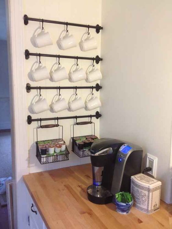 Towel bars for coffee station organization.