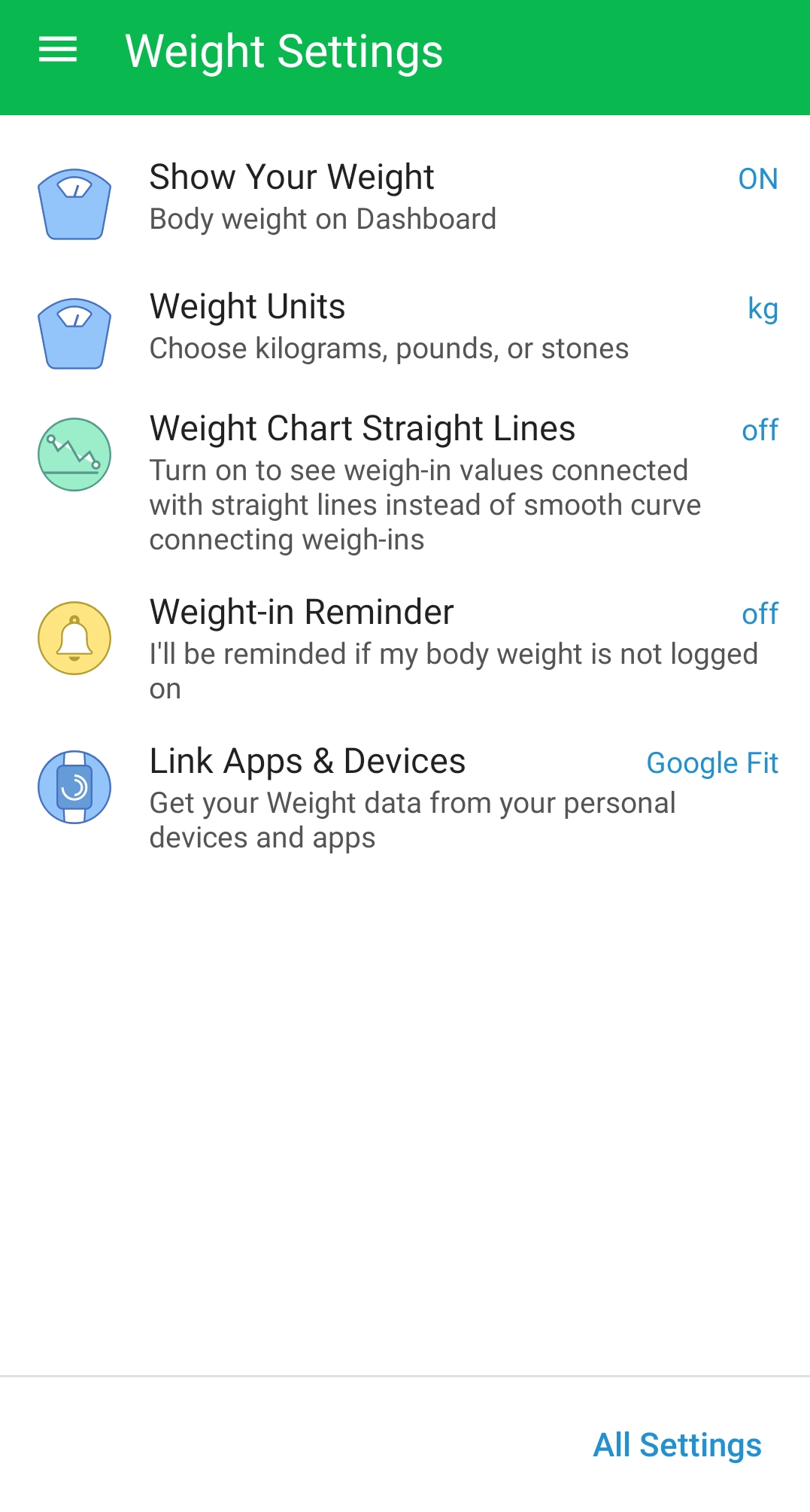 weight settings on the Android