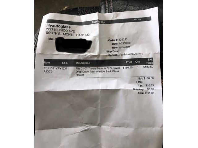 2007 Toyota Sequoia Rear Door Glass