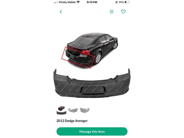 2012 Dodge Avenger Rear Bumper