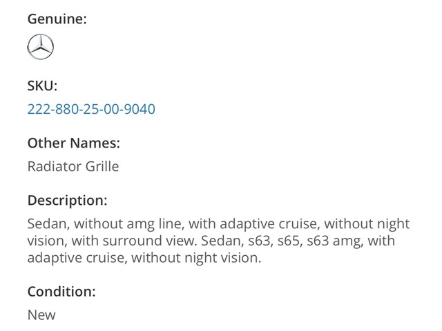 Grille - Mercedes-Benz (222-880-25-00-9040) 2018-2020 Mercedes-Benz (22288025009