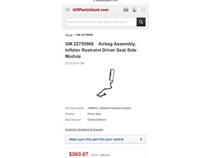 GM 22755968 Airbag Assembly, Inflator Restraint Driver Seat Side Module