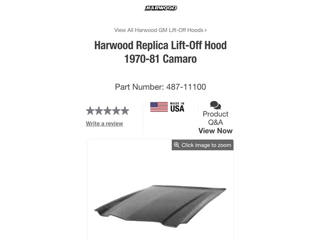 1979 Chevy Camaro Hood - Harwood fiberglass lightweight hood BRAND NEW