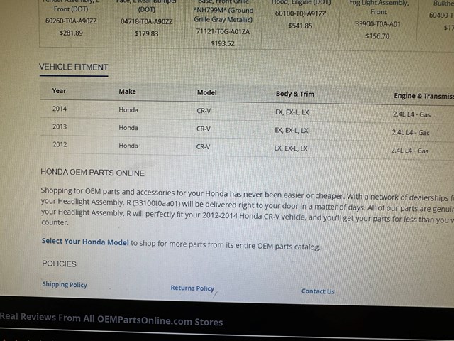 2012-2014 Honda CRV Headlight