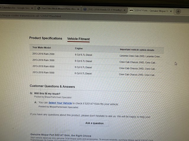 2013-2018 Dodge Ram 2WD 2500, 3500, 4500, 5500 Transmission Oil Cooler