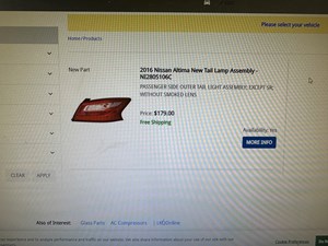 2016 Nissan Altima Tail Light ASSEMBLY - PASSENGER SIDE